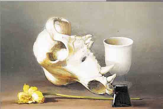 DONI, LUIGI, GEB. 1947 FLORENZ, ZAHLREICHE AUSSTELLUNGEN VORWIEGEND IN ITALIEN, HIER: MEMENTO MORI, ÖL/KUPFER, RE. U. SIGN., CA. 30 X 35 CM, ...