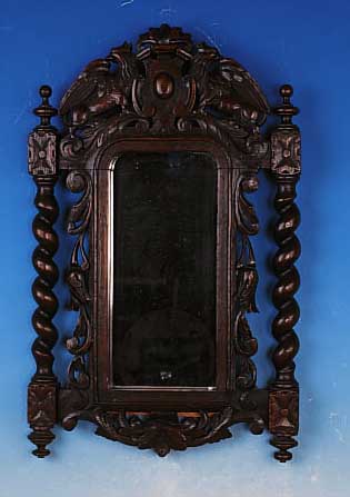 WANDSPIEGEL, UM 1890/1900, GRüNDERZEIT, EICHE REICH GESCHNITZT MIT GEDREHTEN VOLLSäU- LEN, SPIEGELGLAS ERNEUERT, CA. 68 X 41 CM