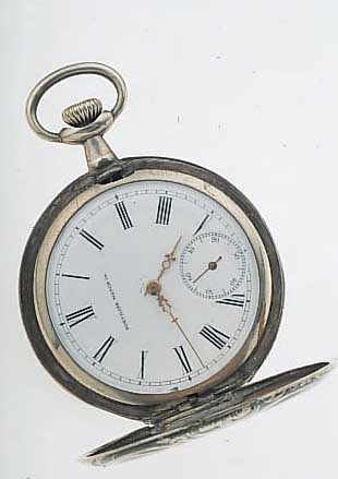 SONVILIER WATCH HERRENTASCHENUHR SAVONETTE, SCHWEIZ UM 1914, TULASILBER, SPRUNGDECKEL M. GALANTER SZENE, RüCKS. HEROLD M. TROMPETE, EMAILBL. ...