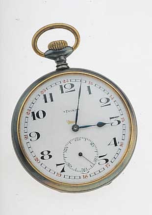 DOXA HERRENTASCHENUHR LEPINE, SCHWEIZ UM 1910, STAHL BRüN., PERF. EMAILBL. SIGN., AUßENROT 13-24, ORIG. GEBL. STAHLZEIGER, CUV. M. VERG. U. ...