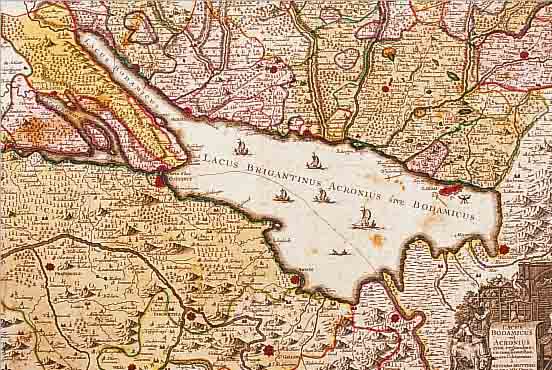 ALTKOLOR. KUPFERSTICHK. V. SEUTTER, CA. LACUS BODAMICUS VEL ACRONIUS CUM REGIONIBUS CIRCUMJACENTIBUS..., SEHR FEINE BODENSEEKARTE MIT DEN ...