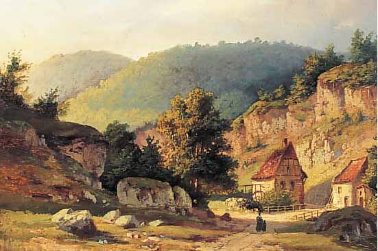 ROMANTIKER, STUTTGARTER SCHULE UM 1860/70, HüGELIGE LANDSCHAFT IN DER SCHWäBISCHEN ALB MIT BAUERNHäUSERN, EINER BRüCKE UND MUTTER MITKIND ...