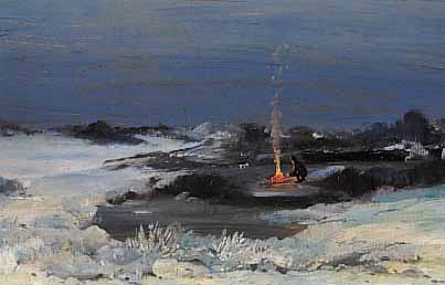 UNBEK. KüNSTLER D. 19. JH., WINTERLAND- SCHAFT AM ABEND MIT PERSON AM LAGERFEUER, ÖL/MALKARTON (SEITLICH VERKüRZT, DADURCH NUR ...