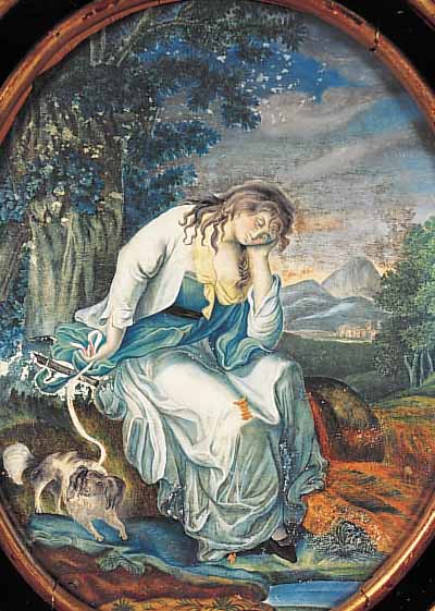 UNBEK. KüNSTLER D. 18./19. JH., MäDCHEN MIT HüNDCHEN IN LANDSCHAFT, GOUACHE, UNSIGN., OVAL, CA. 30 X 24 CM, UNTER GLAS GER.