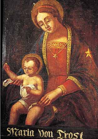 UNBEK. KüNSTLER D. 18. JH., MADONNA MIT KIND MIT BESCHRIFTUNG "MARIA VON TROST", ÖL/ LWD. (REST.), 77 X 56 CM, ORIGINALRAHMEN ...