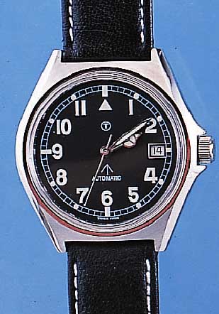 ETA MILITäRARMBANDUHR AUTOMATIK, REF.-NR. 651, SCHWEIZ UM 1997, EDELST. POL., BODEN GESCHR., SCHW. KONTRASTZIFFERBL., 25 ST., ...
