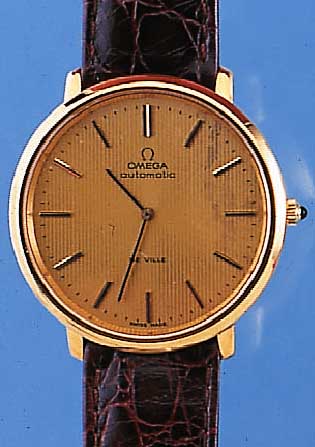 OMEGA HERRENARMBANDUHR DE VILLE, REF.-NR. 151/0039, SCHWEIZ UM 1972, METALL HARTVERG., SCHMUCKKRONE, EDELST.-BODEN U. GLASR. GEDR., ...
