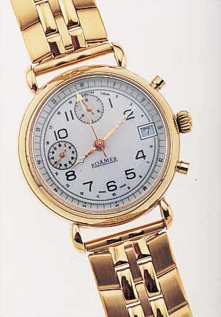 ROAMER ARMBANDCHRONOGRAPH, SCHWEIZ UM 1990, METALL HARTVERG. INCL. NEUTR. METALLBAND, STILTYP. UM 1940, RUNDGEH. M. BET. BANDANST., BEIDS. ...
