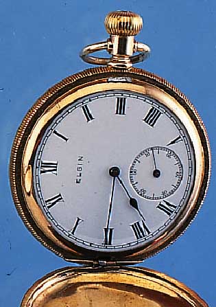 ELGIN HERRENTASCHENUHR SAVONETTE, USA UM 1914, METALL M. RG-AUFLAGE, BER., PERF. EMAIL-BL. SIGN., GEBL. STAHLZEIGER, METALLCUV. M. ...