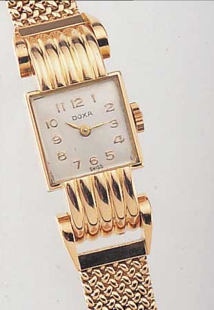 DOXA DAMENGOLDBANDUHR, SCHWEIZ/FRANKREICH UM1949, RG 750/000-GEH. INCL. RG-FLECHTBAND, BODEN GEDR., AUFWEND. GEH.-VERARB., BLATT REST., ...