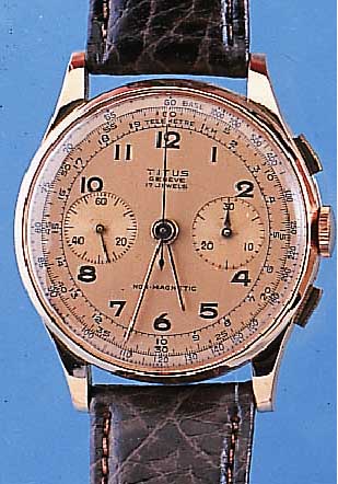TITUS ARMBANDCHRONOGRAPH, REF.-NR. 418307, SCHWEIZ UM 1947, RG 750/000, BODEN U. GLASR. GEDR., METALLCUV. ZUR ARMIERUNG, ORIG. VERG. BLATT, ...