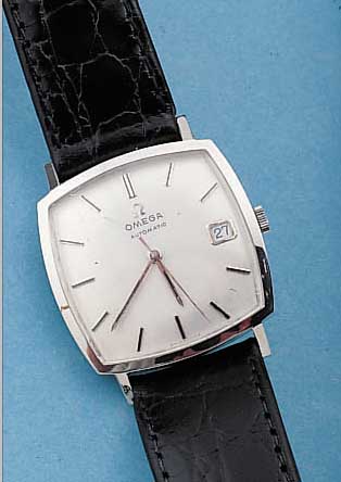 OMEGA HERRENARMBANDUHR AUTOMATIK, REF.-NR. 162/025, SCHWEIZ UM 1965, EDELST., CARREE- CAMBRE-GEH., BODEN GEDR., BLATT REST., WG- STD.-ZEICHEN ...