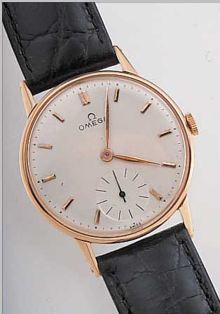 OMEGA HERRENARMBANDUHR, REF.-NR. 10642995, SCHWEIZ UM 1949, RG 585/000, BODEN U. GLASR. GEDR., BLATT REST., 17 ST., HANDAUFZUGKAL. 28,KOMP.-UNR., ...