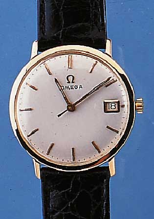 OMEGA HERRENARMBANDUHR, REF.-NR. 14016, SCHWEIZ UM 1964, GG 750/000, GLASR. GEDR., BLATT REST., DATUMSCHNELLKORREKTUR, 17 ST., RUNDANKERW., ...