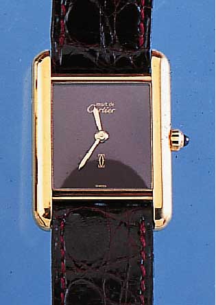 CARTIER DAMENARMBANDUHR TANK, SCHWEIZ UM 1980, STERLINGSILBER M. GG-AUFLAGE, BOMB. MINERALGL., GEH. SEITL. 4-FACH VERSCHR., ...