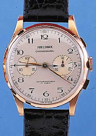 PRECIMAX ARMBANDCHRONOGRAPH, REF.-NR. 187, SCHWEIZ UM 1949, RG 750/000, BODEN U. GLASR. GEDR., METALLCUV. ZUR ARMIERUNG, BLATT REST., ...
