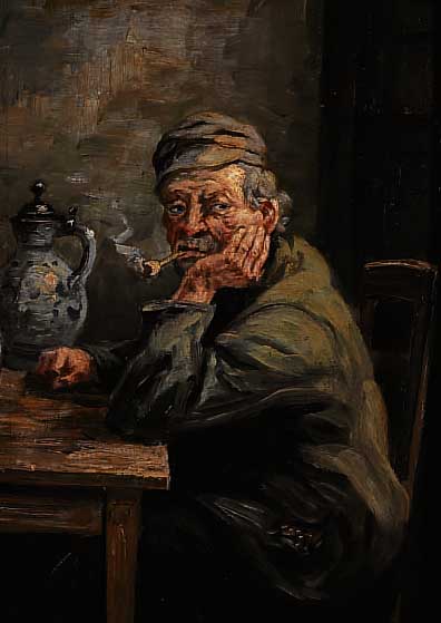 KLAFF, A., ÖL/HOLZ, 40 X 30 CM, PFEIFERAUCHENDER MANN AM TISCH