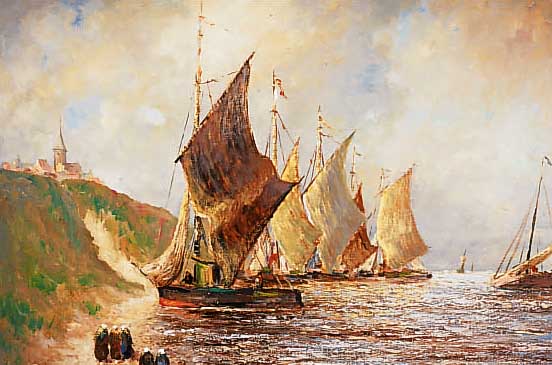 UNBEKANNTER MALER, MITTE 20. JH., ÖL/LWD., 70 X 80 CM, FISCHER BEI DER HEIMKEHR, RAHMEN, UNLESERLICH SIGNIERT