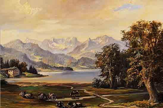 AHRWEILER, WILLI, * 1905 DüSSELDORF, ÖL/LWD.60 X 80 CM, GEBIRGSLANDSCHAFT MIT KüHEN, RAHMEN