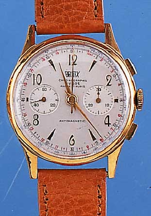 BRITIX ARMBANDCHRONOGRAPH, REF.-NR. 597, SCHWEIZ UM 1947, GG 750/000, BODEN U. GLASR. GEDR., METALLCUV. ZUR ARMIERUNG, VERS. ORIG.- BLATT L. ...
