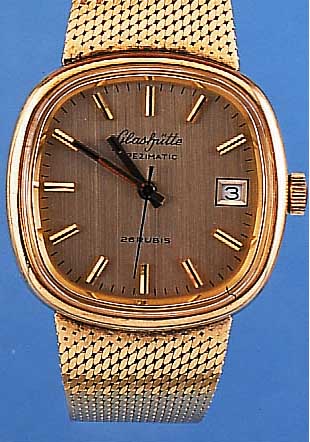 GLASHÜTTE HERRENARMBANDUHR, SPEZIMATIC, METALLGEH. U. EDELST.-BAND HARTVERG., EDEL- ST.-BODEN AUFGEDR., ZENTRALSEK., DAT., 26 ...
