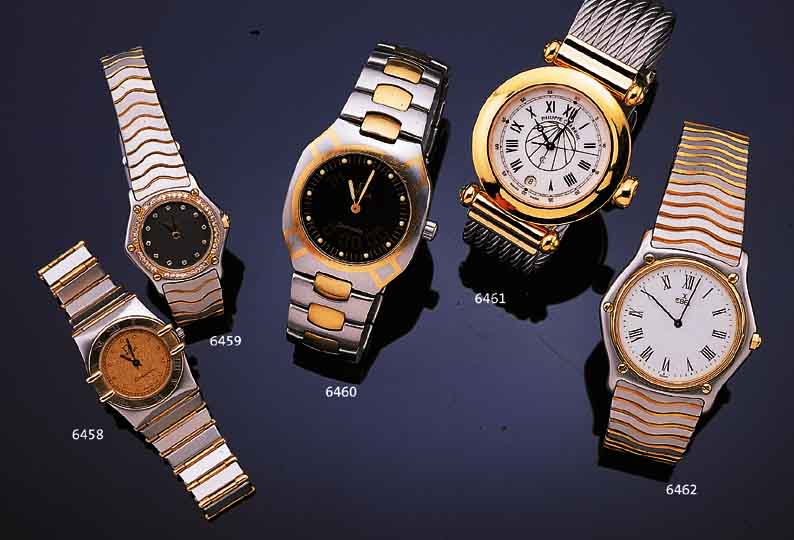 OMEGA ARMBANDCHRONOGRAPH QUARTZ-SEAMASTER, SCHWEIZ UM 1990, EDELST. GOLDINTARSIERT, EDEL-ST.-BAND, ZWISCHENGL. M. STARKER GOLDAUFL., UNSICHTB. ...