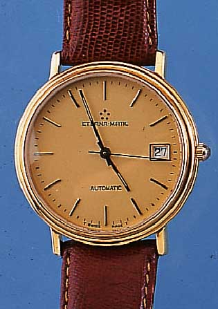 ETERNA MATIC HERRENARMBANDUHR AUTOMATIK, SCHWEIZ UM 1990, METALL HARTVERG., BEIDS. BOMB. MINERALVERGL., MATT VERG. BLATT, WERK VERG., ETA ...
