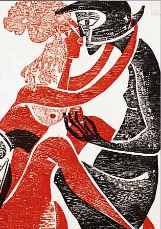 HANSEN-BAHIA, KARL, FARBHOLZSCHNITT VON 19717. GESPRäCH AUS: DIE HETäRENGESPRäCHE, RE. U. HANDSIGN. UND DATIERT, CA. 33 X 23 CM