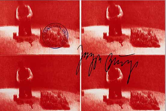 BEUYS, JOSEPH, ANDRUCKBOGEN FüR DIE POSTKARTENSERIE FREE INTERNATIONAL UNIVERSITY,SO AUCH GESTEMPELT, HANDSIGNIERT, CA. 22 X 30,5 CM, ...
