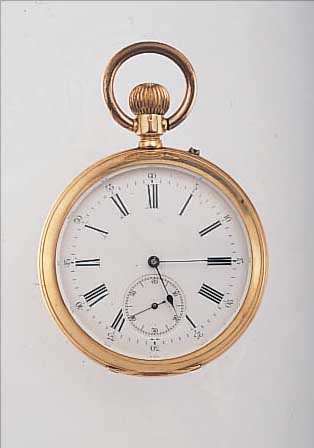 F.J.G. HERRENTASCHENUHR LEPINE, REF.-NR. 32183, SCHWEIZ/DEUTSCHLAND UM 1880, RG 585/ 000, BODEN GUILL., ALTERSBED. BER., 2-TEIL. EMAILBL., ...