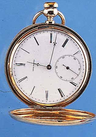 JULES HUGENIN HERRENTASCHENUHR SAVONETTE, GG 750/000, REF.-NR. 250000, SCHWEIZ UM 1840, SCHLüSSELAUFZ., EMAILBL. SIGN., GOLDCUV., VERG. ...