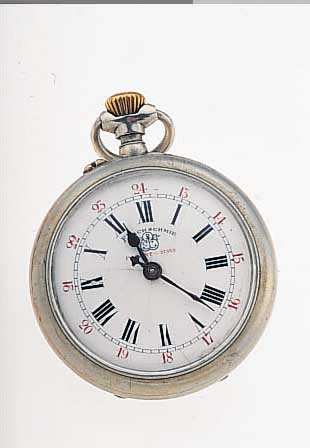 F. BACHSCHMID HERRENTASCHENUHR LEPINE, SCHWEIZ UM 1908, NICKEL, EMAILBL. M. SIGN., FEIN HAARR., AUßEN ROT 13-24, GEFERT. NACH PATENT-NR. ...