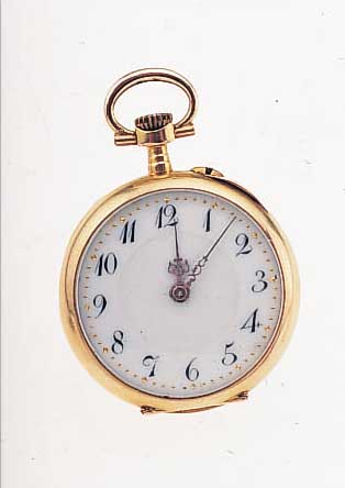DAMENTASCHEN/ANHäNGEüHRCHEN, REF.-NR. 65075,SCHWEIZ UM 1902, GG 750/000, EMAILBL. M. GOLD-GEP. MINUTERIE, DIAMANT IM ZENTRUM DES BODENS,PROV. ...