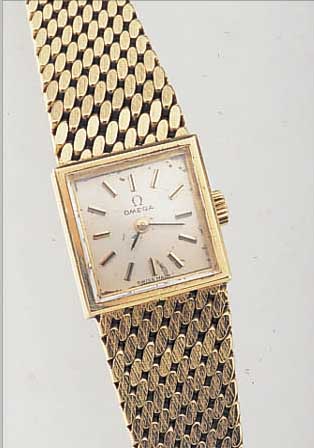 OMEGA DAMENGOLDBANDUHR, REF.-NR. 959391, SCHWEIZ UM 1965, GG 585/000-CARREE-GEH. INCL. GG-FLECHTBAND, BODEN GEDR., MINERALFLACHGL. FACETT., ...