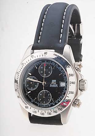 BARER ARMBANDCHRONOGRAPH AUTOMATIK, SCHWEIZ UM 1998, EDELST. POL., TEILW. MATT., DRüCKER, KRONE SOWIE BODEN VERSCHR., BEI FERTIGST. WAS-SERGESCH., ...