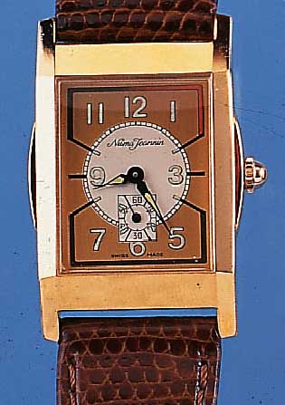 NUMA JANNIN HERRENARMBANDUHR, SCHWEIZ UM 1980, METALL HART VERG., EDELST.-SCHARNIER- BODEN, LEDERB., STILTYP. 30ER JAHRE, UNGETR. LAGERW., ...