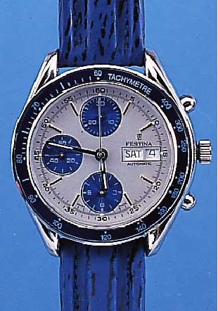 FESTINA ARMBANDCHRONOGRAPH AUTOMATIK, REF.- NR. 5258, SCHWEIZ UM 1996, EDELST. POL., MI- NERALFLACHGL., BODEN U. KRONE GESCHR., LEDER- BAND, ETUI, ...