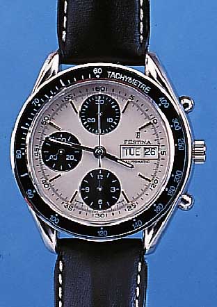 FESTINA ARMBANDCHRONOGRAPH AUTOMATIK, REF.- NR. 5258, SCHWEIZ UM 1996, EDELST. POL., MI- NERALFLACHGL., BODEN U. KRONE GESCHR., LEDER- BAND, ETUI, ...