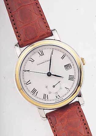 SCHWARZ ETIENNE HERRENARMBANDUHR GANGRESERVE, REF.-NR. 735403/028, SCHWEIZ UM 1997, EDEL-ST. POL., UNGETR. LAGERW., BEIDS. SAPHIRVER- GL., ...