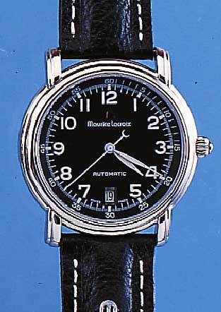MAURICE LACROIX HERRENARMBANDUHR AUTOMATIK, REF.-NR. 6875/3725, SCHWEIZ UM 1999, EDELST. POL., BODEN GEDR., SCHW. KONTRASTZIFFERBL., LEDERB. M. ...