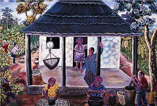 ROLIGUES, PIERRE, GEB, 1948 LAFOND BEI JACMEL, VOR DEM HAUS, öL/LWD, RE. U. SIGN. UND DAT. CA. 73 X 100 CM, R.