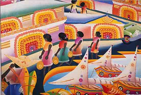 LAURENT, EMILE, GEB. 1947 JACMEL/HAITI, TREIBEN AM HAFEN, ÖL/LWD, LI. U. SIGN., CA. 67 X 67 CM, R.