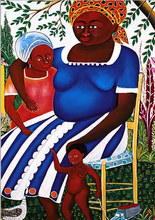 ROGER, FRANCOIS, GEB. 1928 IN PETITE RIVIERE, MUTTER MIT KINDERN VOR DEM HAUS, ÖL/LWD, RE. U. SIGN., CA. 60 X 60 CM, R.