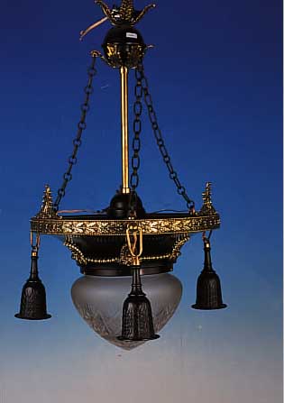 DECKENLAMPE, SPANIEN, 40ER/50ER JAHRE, BRONZE- UND MESSINGBLECH, GESCHLIFFENER GLASSCHIRM, H. CA. 80 CM, D. CA. 55 CM, ...
