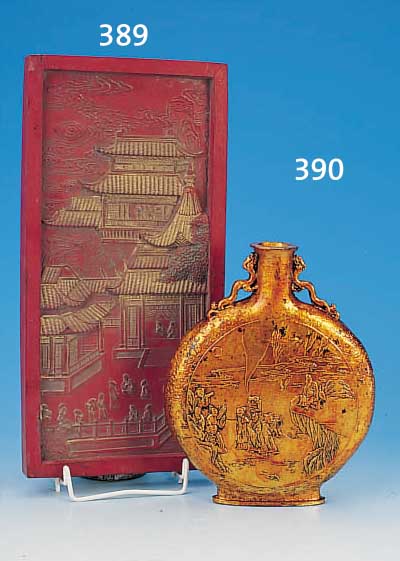 ROTER TUSCHESTEIN, CHINA, UM 1900, REICH RELIEFIERT MIT PAGODEN UND FIGUREN, PARTIELL GOLDFARBEN GEHöHT, CA. 38 X 18 X 3 CM