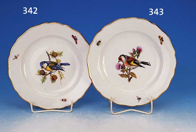 FLACHER TELLER, MEISSEN, UM 1900, PORZELLAN,FEINE BUNTE BEMALUNG, VOGEL IN GEZWEIG UND INSEKTEN, GOLDSTAFFAGE, D. 24,5 CM