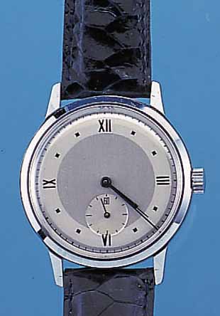 SEELAND/LANGENDORF HERRENARMBANDUHR, REF.-NR05094, SCHWEIZ UM 1945, METALL HARTVERCHR., EDELST.-BODEN GESCHR., UNGETR. LAGERW., LEDER-B. NEU, ...