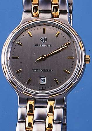GLASHÜTTE HERRENARMBANDUHR TTC-LONGLIFE, DEUTSCHLAND UM 1993, METALL MATT VERCHR., EDELST.-BODEN, KRONE, TEILE DER LüNETTE U. ...