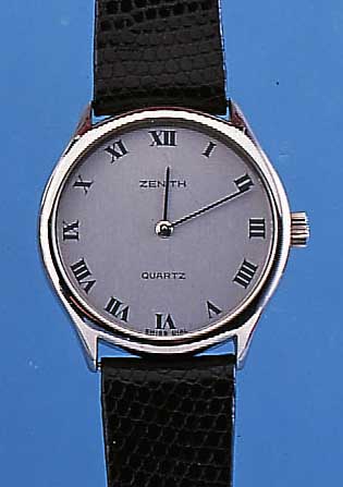 ZENITH HERRENARMBANDUHR QUARTZ, REF.-NR. 01/0010/040, JAPAN/SCHWEIZ UM 1978, EDELST., BODEN GEDR., MINERALFLACHGL., VERS. BLATT, FEINREG. ...