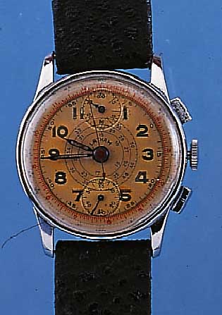 LETHAM ARMBANDCHRONOGRAPH, SCHWEIZ UM 1945, METALL NACH VERCHR., EDELST.-BODEN U. GLASR. GEDR., ORIG.-BLATT ALTERSBED. FARBL. GET., ...